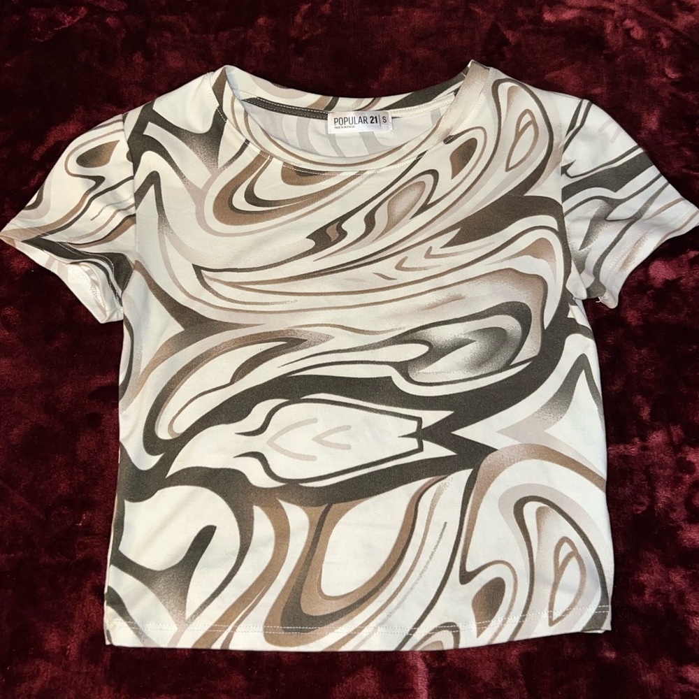 Popular 21 Swirl Print Short Sleeve Top - Brown and White